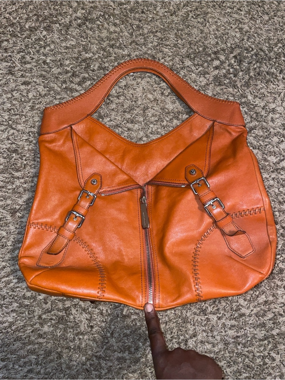 Tignanello Warm Chestnut Leather Shoulder Bag with Buckle Accents